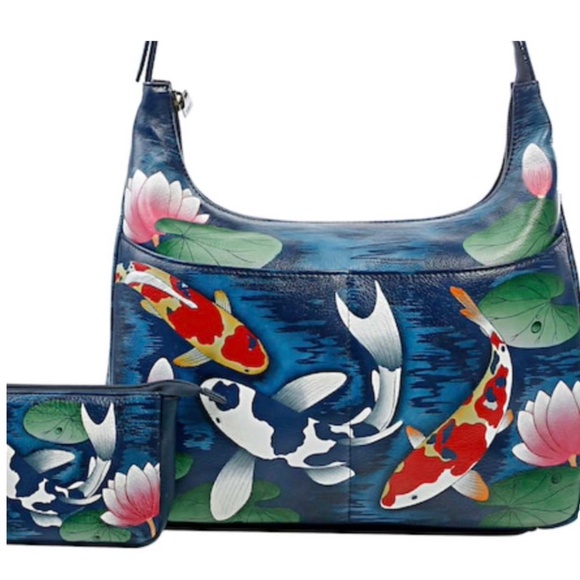 HOBO, LEATHER WITH MATCHING COIN PURSE, HANDPAINTED, KOI FISH BLUES/REDS/GREENS/ - Picture 1 of 1